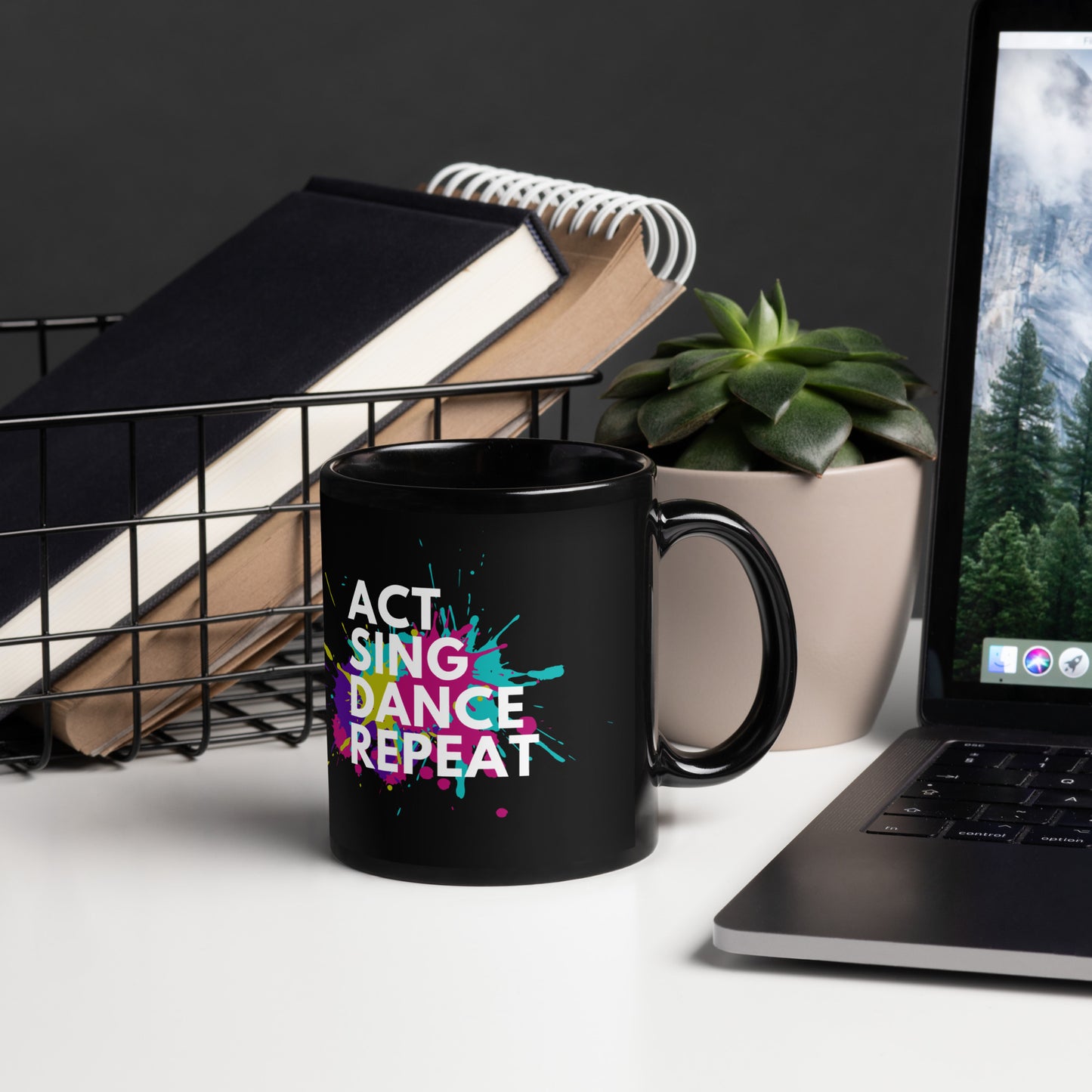 Theater Lover Mug, 'Act Sing Dance Repeat' Black Glossy Mug, Drama & Musicals Coffee Cup, Theater Student Gift