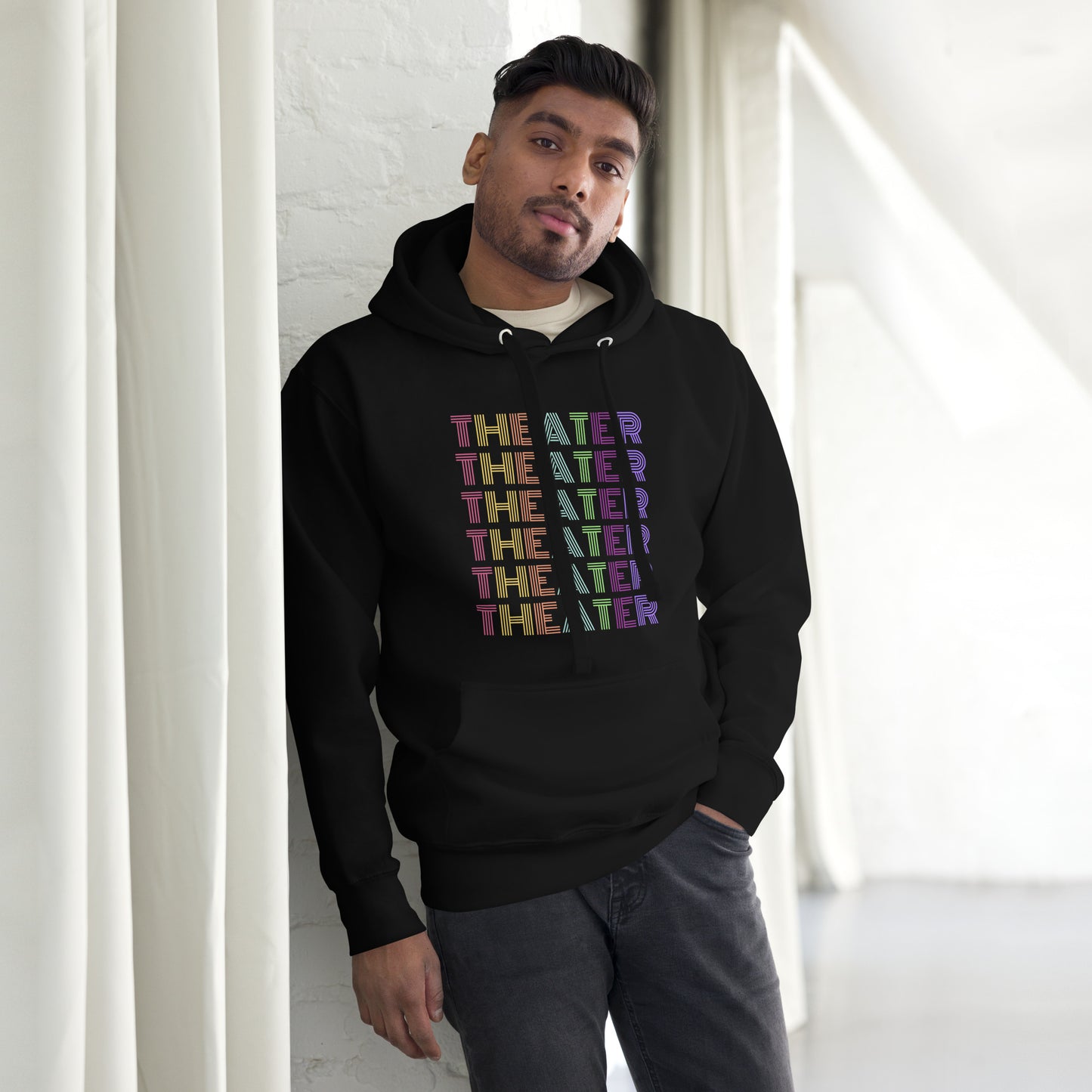 Theater Hoodie with Multicolored Text, Musical Gift Play, Theater Lover Apparel