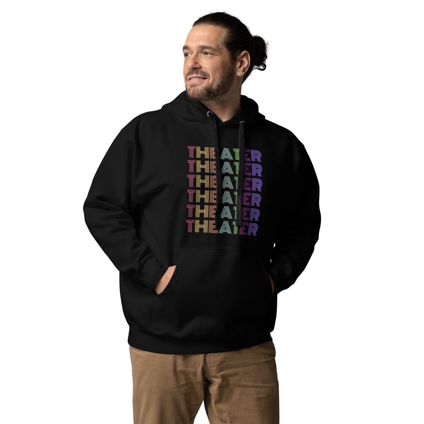 Theater Hoodie with Multicolored Text, Musical Gift Play, Theater Lover Apparel