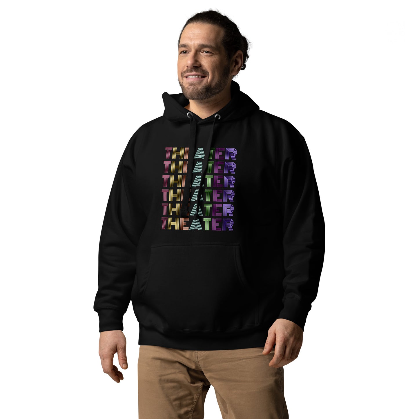 Theater Hoodie with Multicolored Text, Musical Gift Play, Theater Lover Apparel