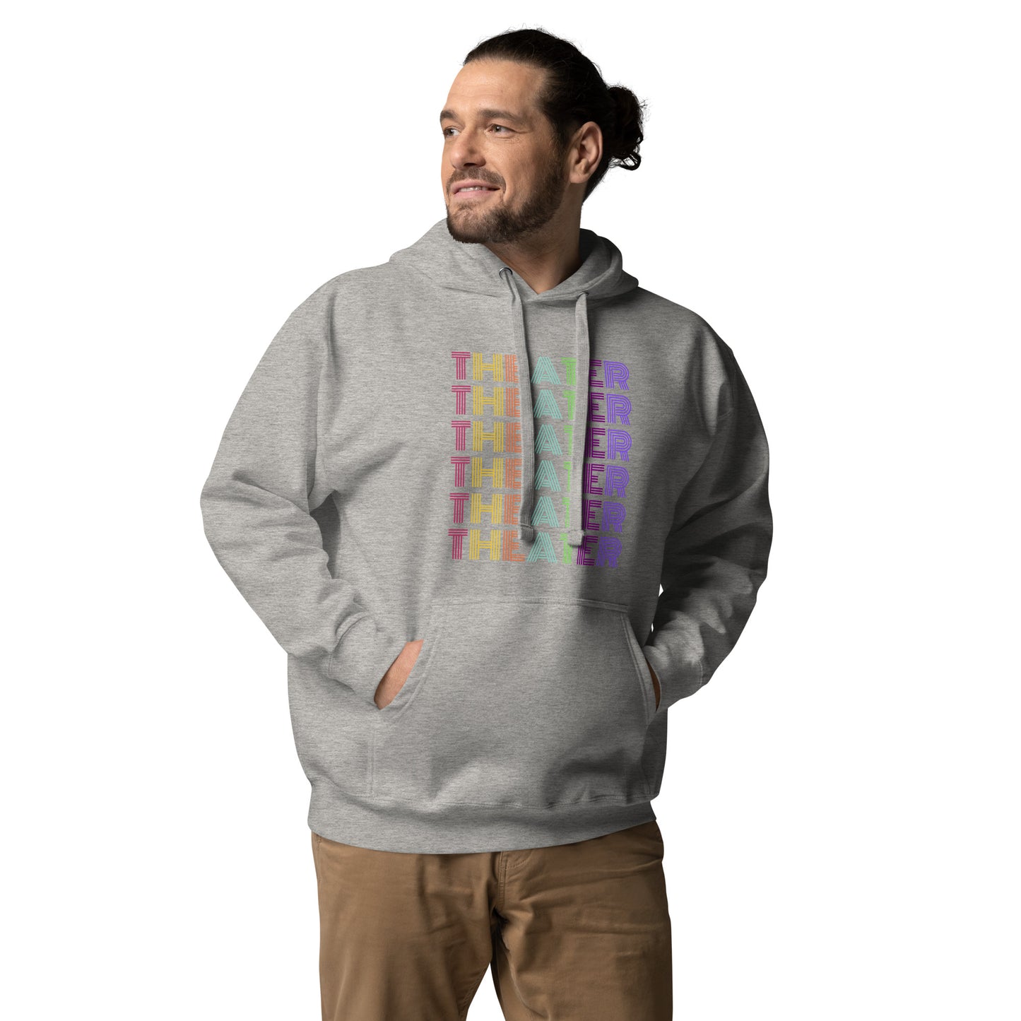 Theater Hoodie with Multicolored Text, Musical Gift Play, Theater Lover Apparel