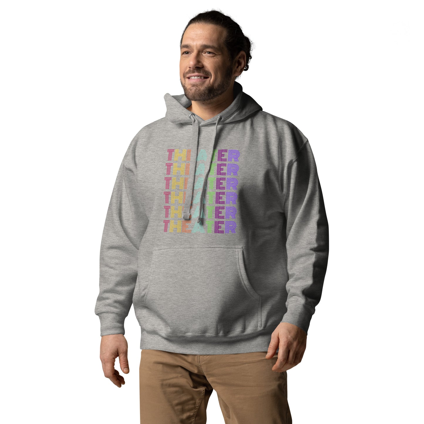 Theater Hoodie with Multicolored Text, Musical Gift Play, Theater Lover Apparel