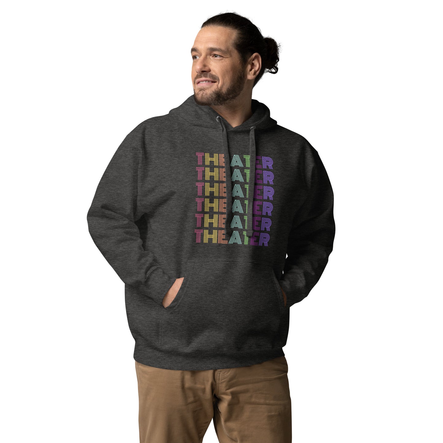 Theater Hoodie with Multicolored Text, Musical Gift Play, Theater Lover Apparel