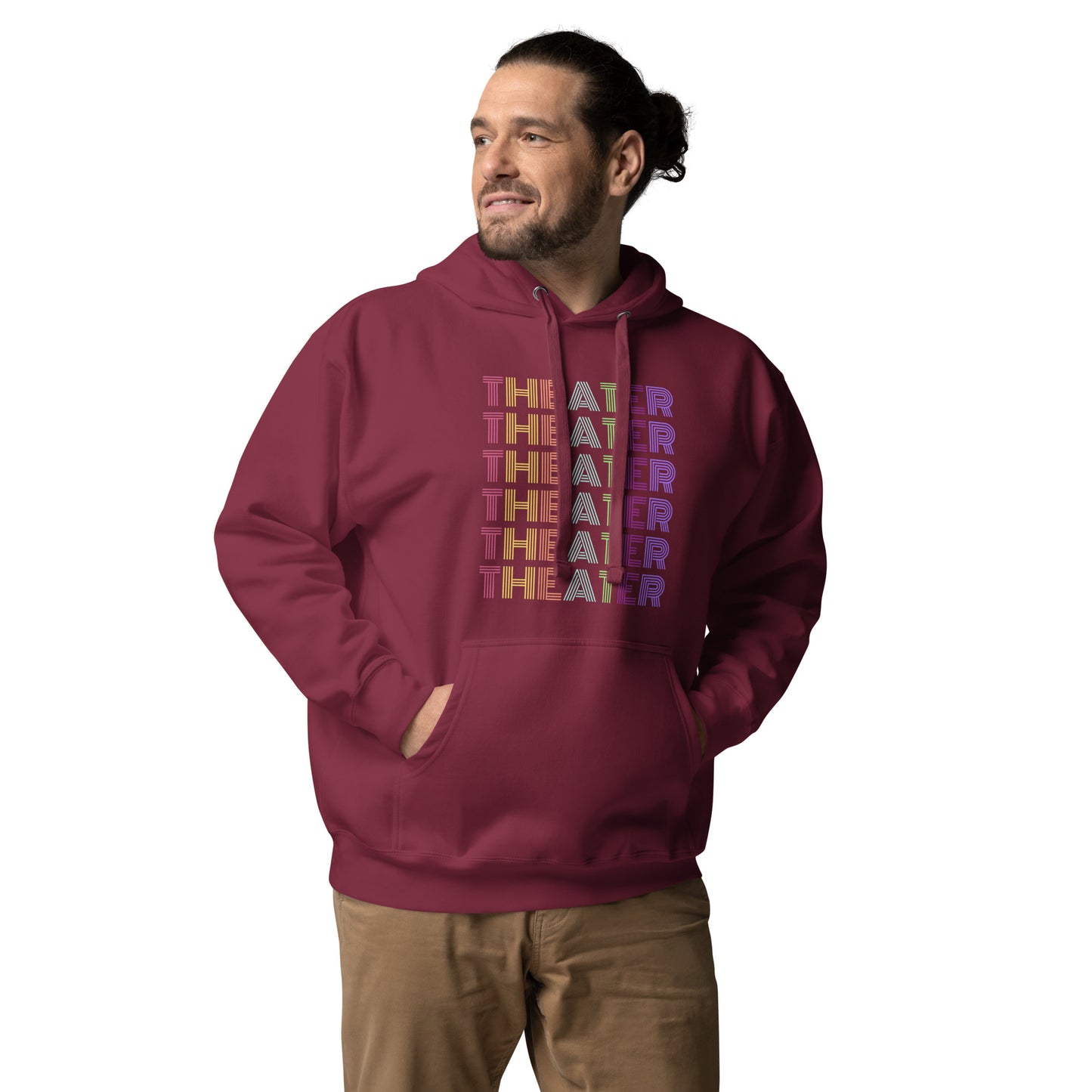 Theater Hoodie with Multicolored Text, Musical Gift Play, Theater Lover Apparel