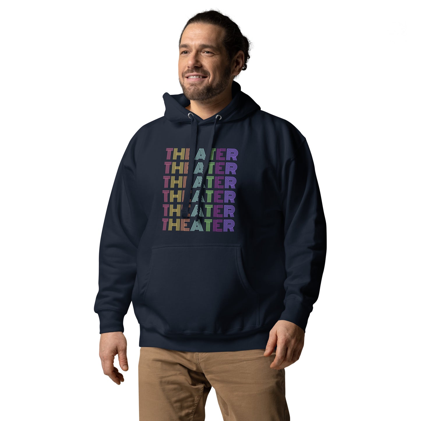 Theater Hoodie with Multicolored Text, Musical Gift Play, Theater Lover Apparel