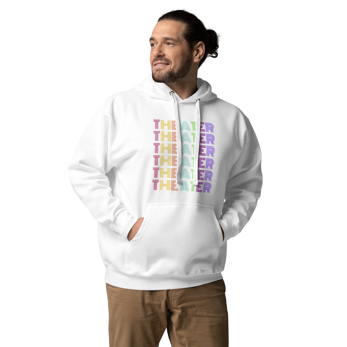 Theater Hoodie with Multicolored Text, Musical Gift Play, Theater Lover Apparel