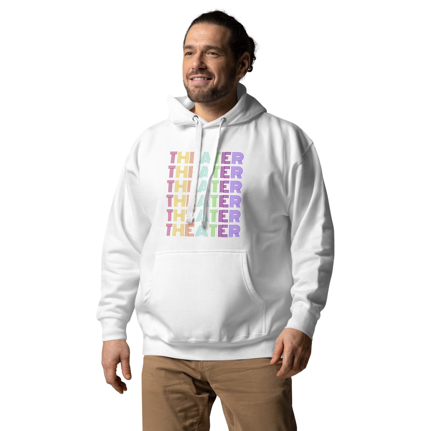 Theater Hoodie with Multicolored Text, Musical Gift Play, Theater Lover Apparel